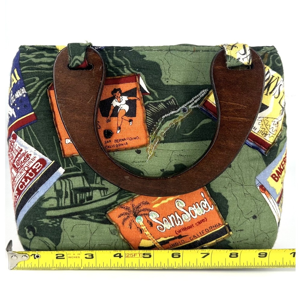 Vintage Fabric Covered Straw Purse w/Wooden Handles - Tropical *Read Description - Picture 8 of 10